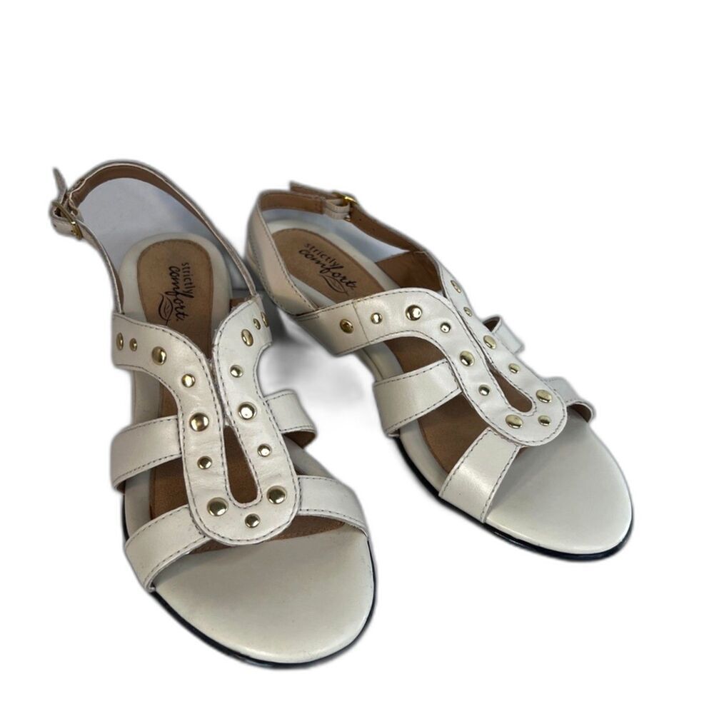 Strictly Comfort Strappy Open Toe Sandals Low Heel Gold Studs Dressy‎ Size 7.5